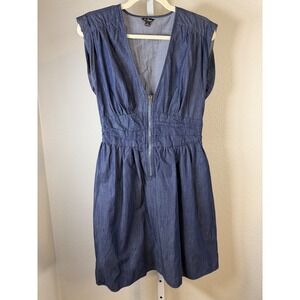 Guess Denim Chambray V Neck Zipper Front Dress Women Medium Sleeveless